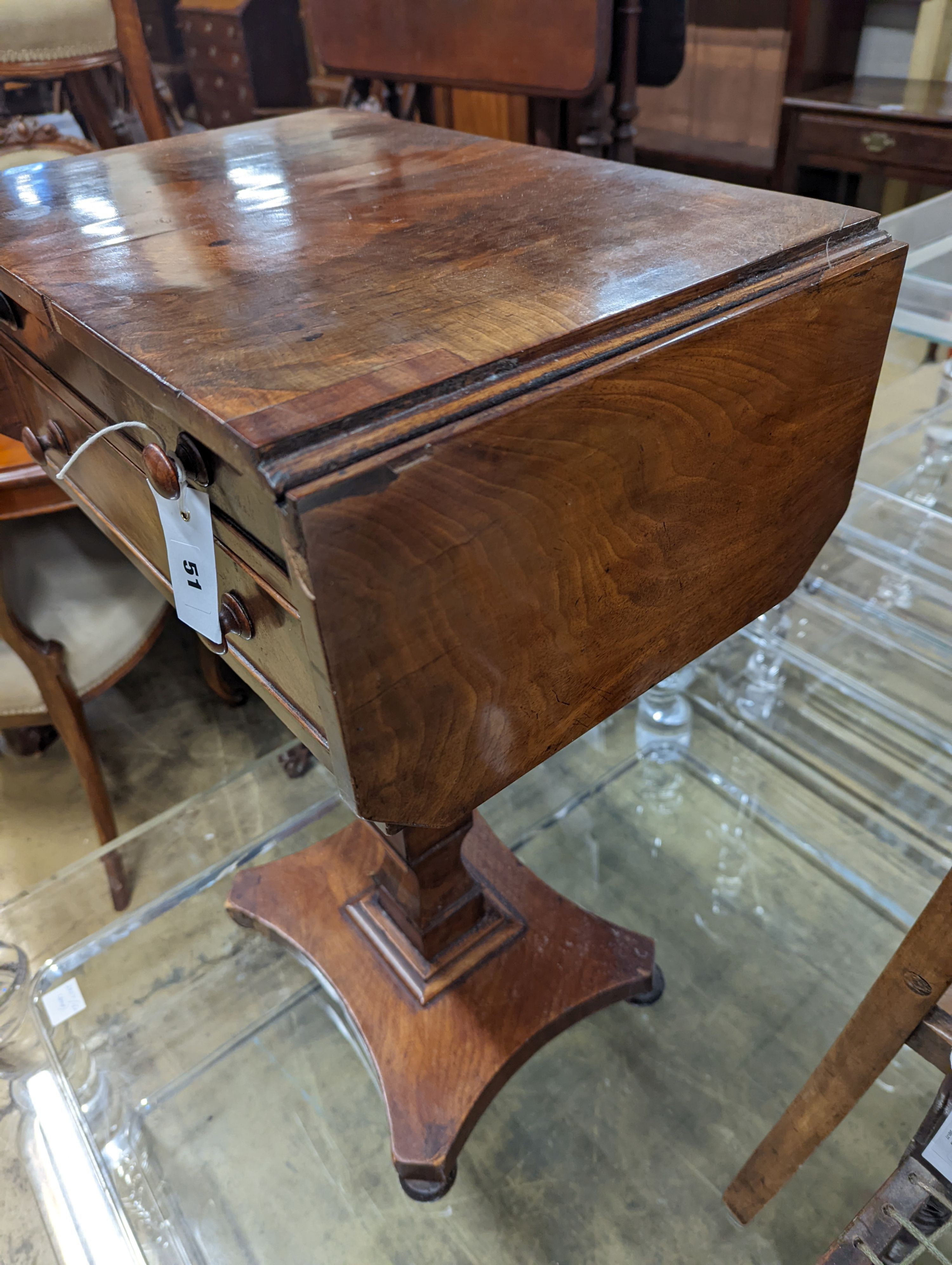 A Victorian mahogany drop flap work table, width 49cm, depth 31cm, height 71cm